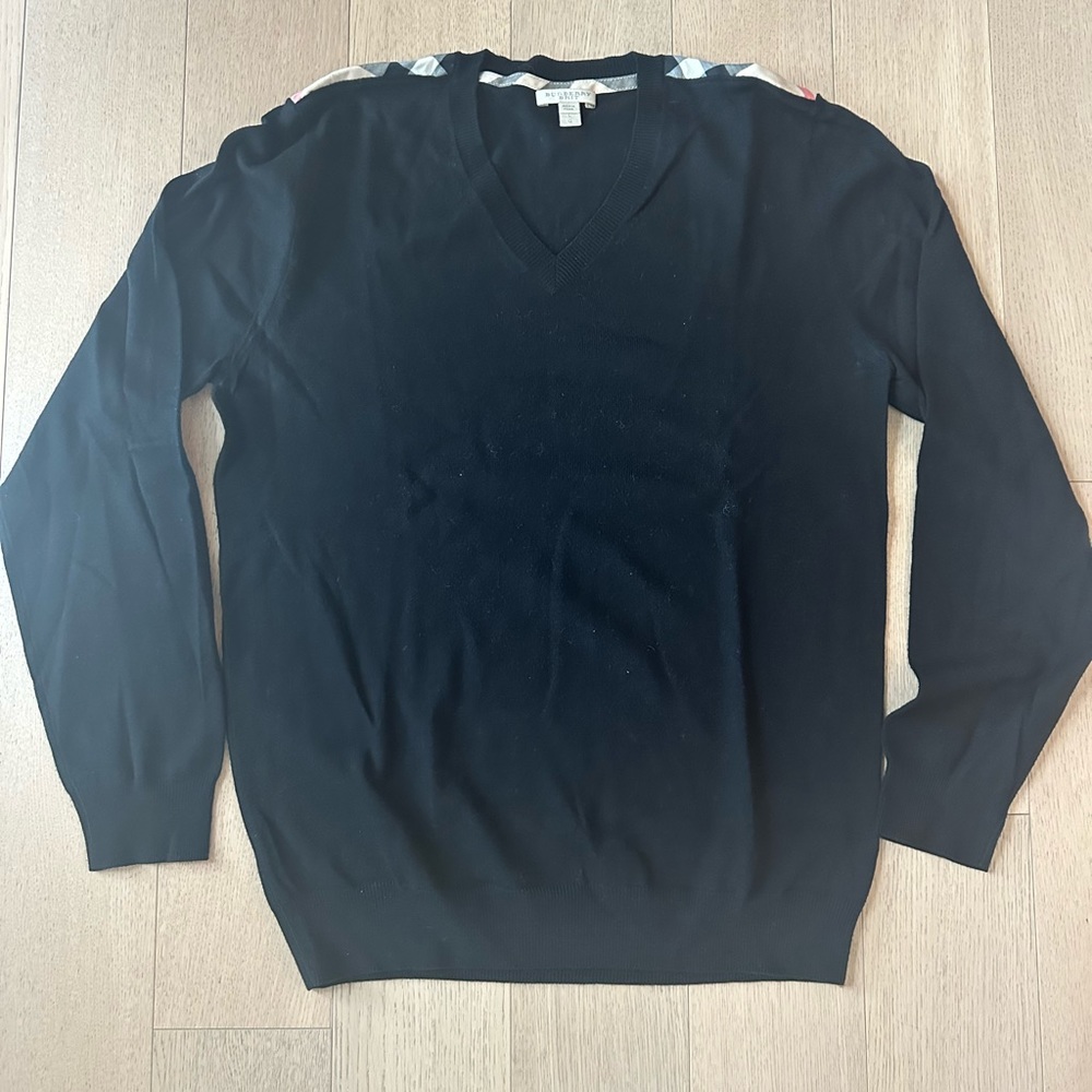 BURBERRY Men’s Vneck Merino Wool Sweater- Black with Signature Check- Size L